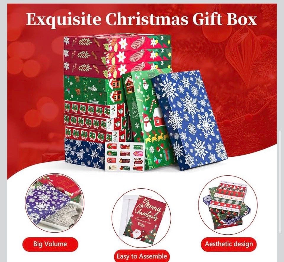 Brand New Uvaluefeet 12 Pack Christmas Gift Boxes with Lids, Patterned Shirt Clothes Boxes(12 Clothing Gift Boxes, 4 Designs: 3 Pieces Per Design & 1