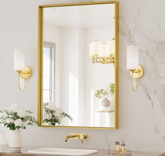 TETOTE brushed gold rectangular bathroom mirror with metal frame, modern farmhouse style vanity mirror 24x36 inches