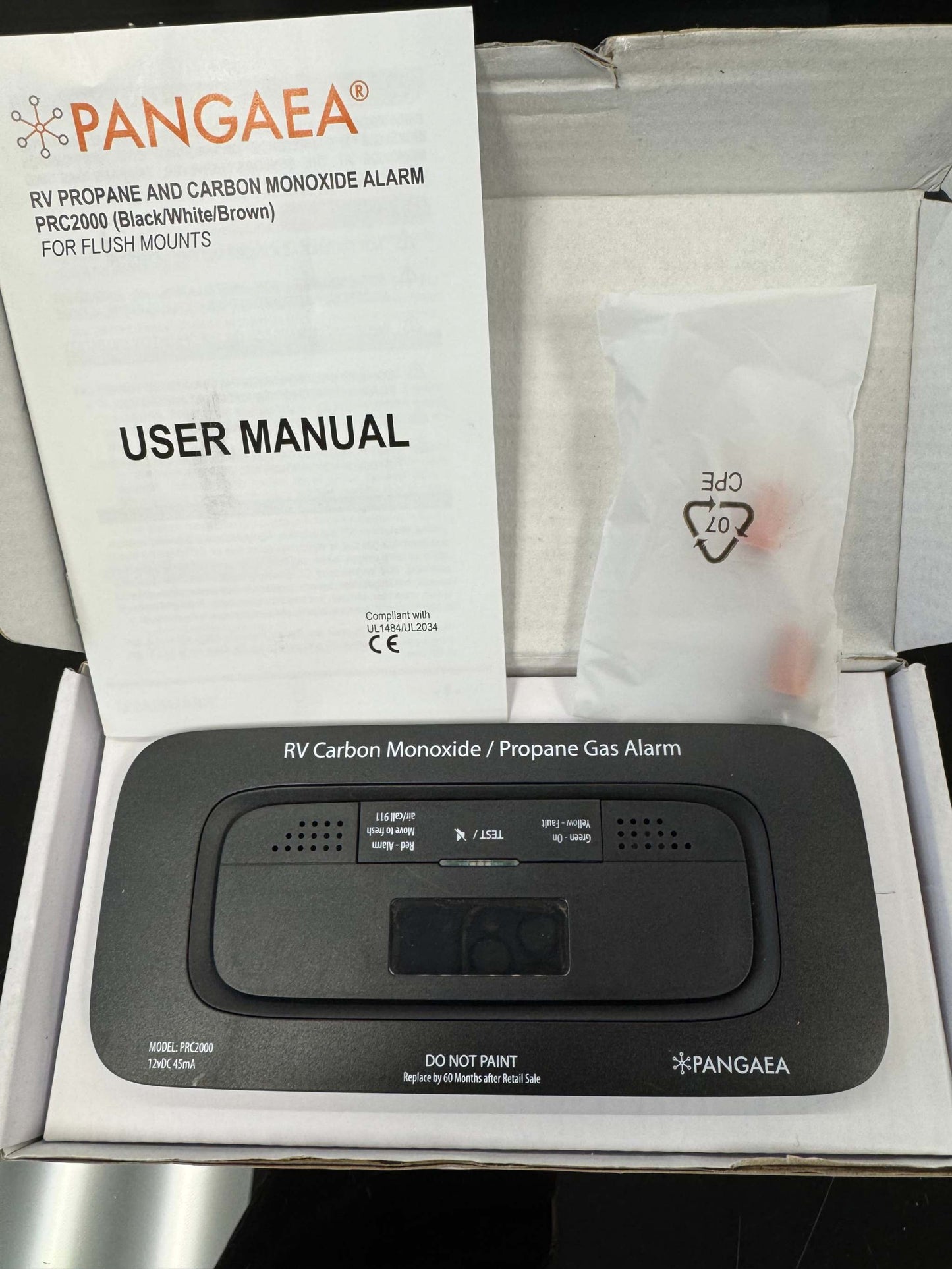 PANGAEA RV Carbon Monoxide & Propane Dual Gas Detector - Hard-Wired DC 12V, Large LCD Display, 85dB Loud Alarm, Easy Reset/Test Button - Ultimate Safety for Your Adventures (Flush Mount - Black