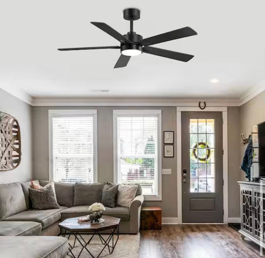 Breezary Charlie 52-inch matte black indoor ceiling fan with integrated LED light and remote control
