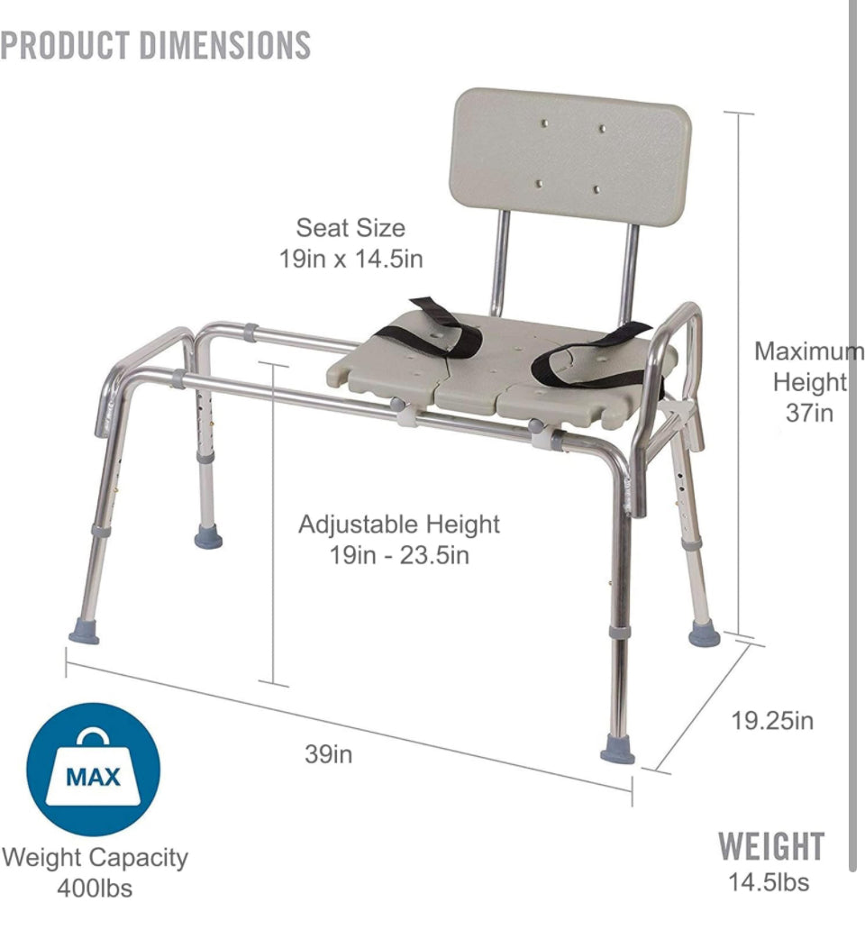 DMI Tub Transfer Bench and Shower Chair with Non Slip Aluminum Body, FSA Eligible, Adjustable Seat Height and Cut Out Access, Holds Weight up to 400 L - Selzalot
