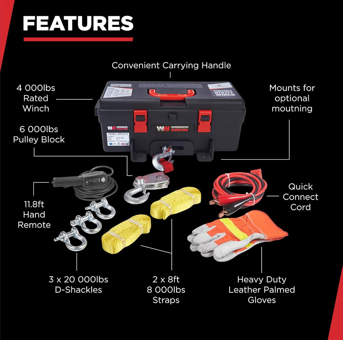 Trojan Portable 12v Electric Winch 4,000lbs - ATV/UTV Winch with Synthetic Rope, Easy to Carry, No Installation – Ideal for Truck, Off