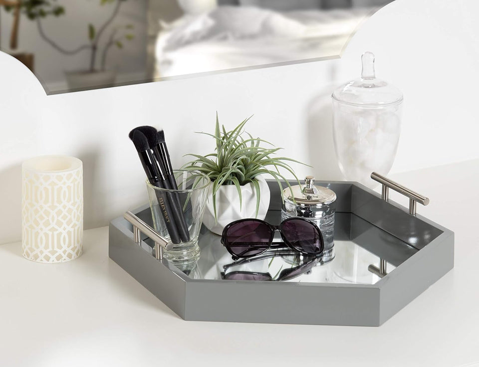 Open Box Kate and Laurel Lipton Hexagon Decorative Mirrored Tray with Polished Metal Handles, Gray and Silver