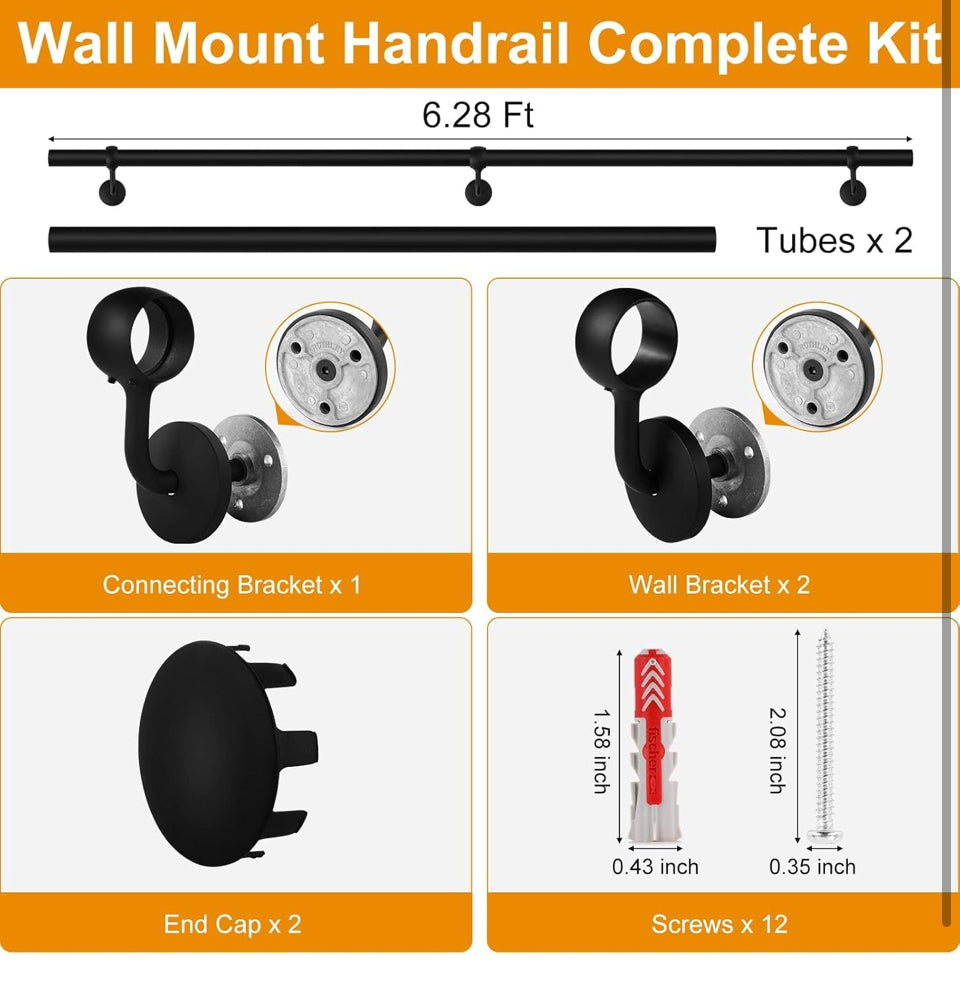 ROTHLEY 6.6 FT Industrial Handrails for Indoor Stairs: Modern Staircase Handrails Wall Mount Stair Handrail 1.6 Round Sturdy Pipe Hand Railings for St