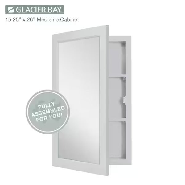 Open Box Glacier Bay 15-1/4 in. W x 26 in. H Framed Recessed or Surface-Mount Bathroom Medicine Cabinet with Mirror, Gray