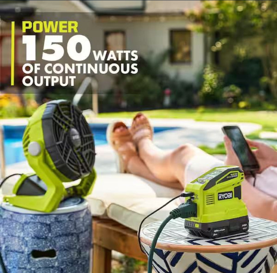 Open Box New RYOBI 18V ONE+ 150-Watt Portable Battery Inverter Power Source and Charger