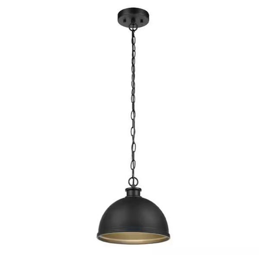 Hampton Bay Talullah 1-light matte black pendant light with gold interior and adjustable hanging chain