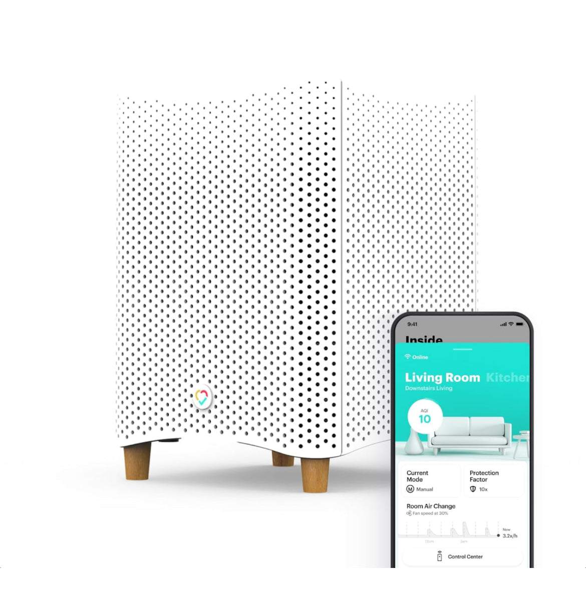 Mila Air Purifier for large rooms with H12 HEPA filter and smart Wi-Fi control shown with mobile app for air quality monitoring
