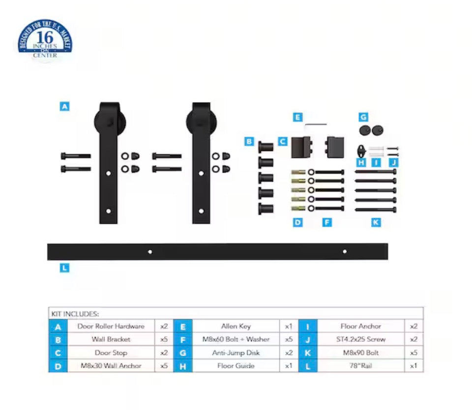 AMERICAN PRO DESIGN  78 in. Black Solid Steel Sliding Rolling Barn Door Hardware Kit for SingleWood Doors with Routed Floor Guide