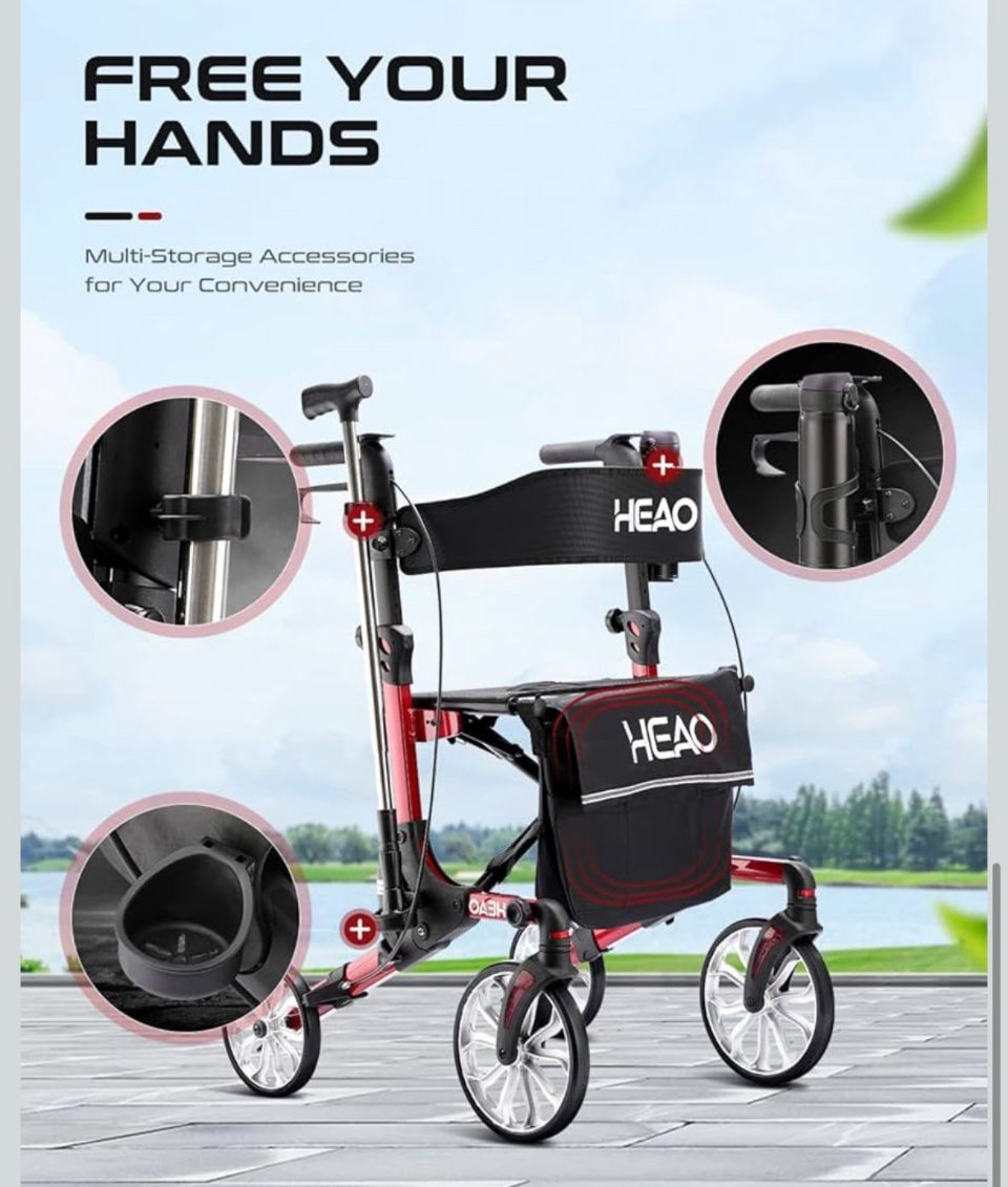 Open Box New HEAO Rollator Walker with Seat, Shock Absorber Rolling Walker for Senior with Cup Holder, Lightweight Foling Mobility Walking Aid Red
