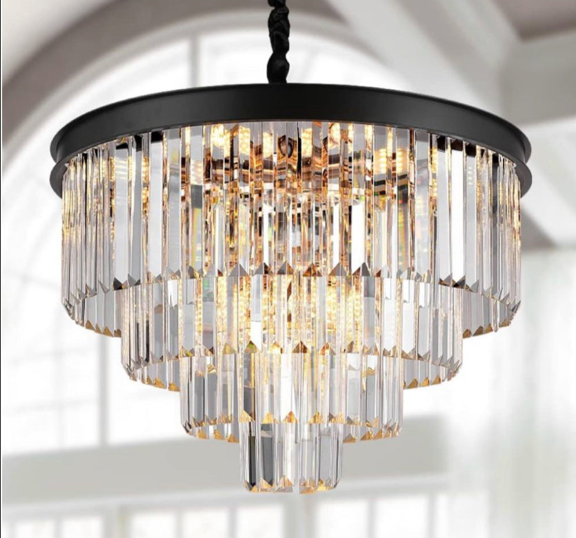 AXILIXI modern crystal chandelier with 4-tier K9 crystals and adjustable metal chain.