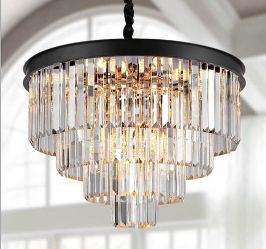 AXILIXI modern crystal chandelier with 4-tier K9 crystals and adjustable metal chain.