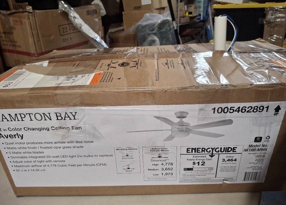 Open Box HAMPTON BAY Averly 52 in. Indoor Matte White Ceiling Fan with Adjustable White Integrated LED with Remote Control Included