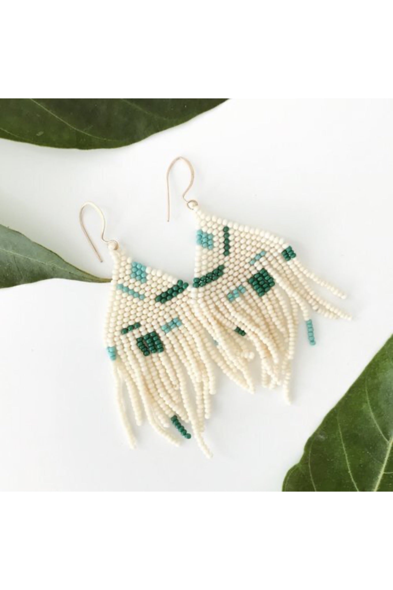 Handwoven Artist Earring with cream, green, and blue glass seed beads and 14K gold plated hooks, 3-inch length.