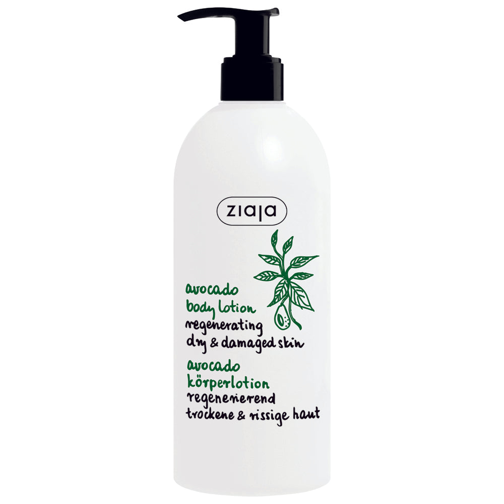 Ziaja Avocado Oil Body Lotion bottle with pump for dry and damaged skin moisturizing and regenerating