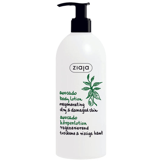 Ziaja Avocado Oil Body Lotion bottle with pump for dry and damaged skin moisturizing and regenerating