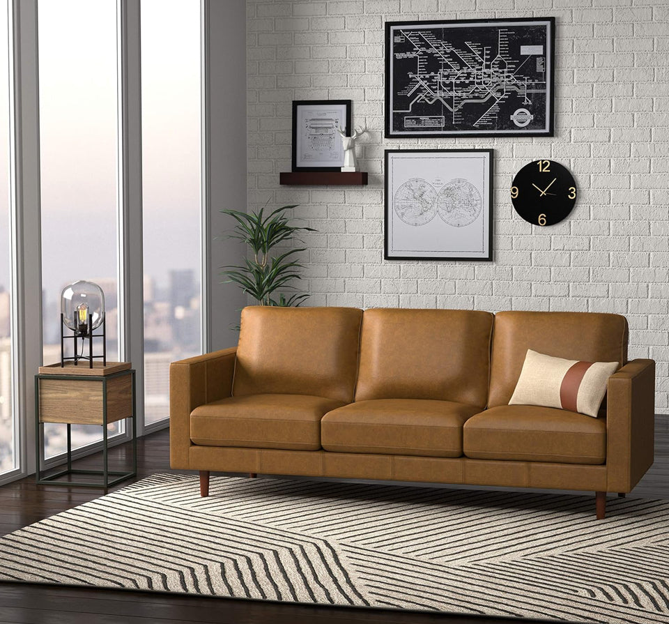 Amazon Brand Rivet Revolve Modern Sofa 80" Caramel Leather in contemporary living room.