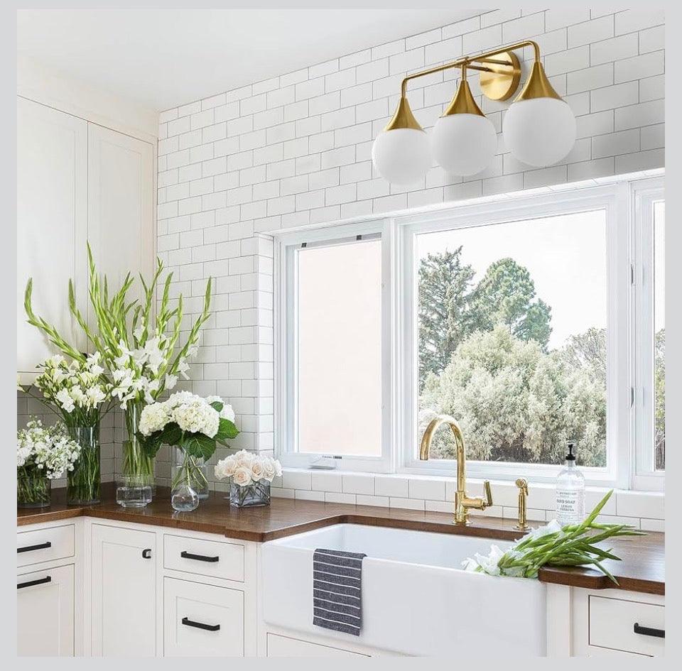 HAHZT Bathroom Vanity Light Fixtures: 3-Light Mid Century Modern Bathroom Lighting Fixtures Over Mirror - Brass Gold Wall Sconce with Milky White Globe Glass for Bath Living Room