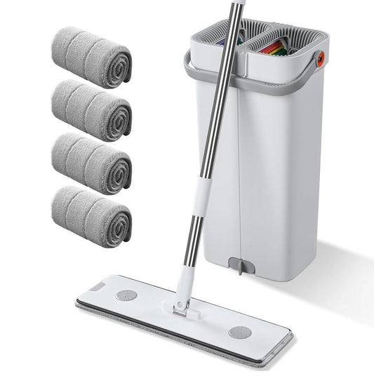 "funest Mop and Bucket with Wringer Set for Home, 16"" Large Flat Mop and Bucket System for Floor Cleaning and Wall Cleaner, Wet Dry Mop for Window Cleaner with 4 Washable Microfiber Pads"