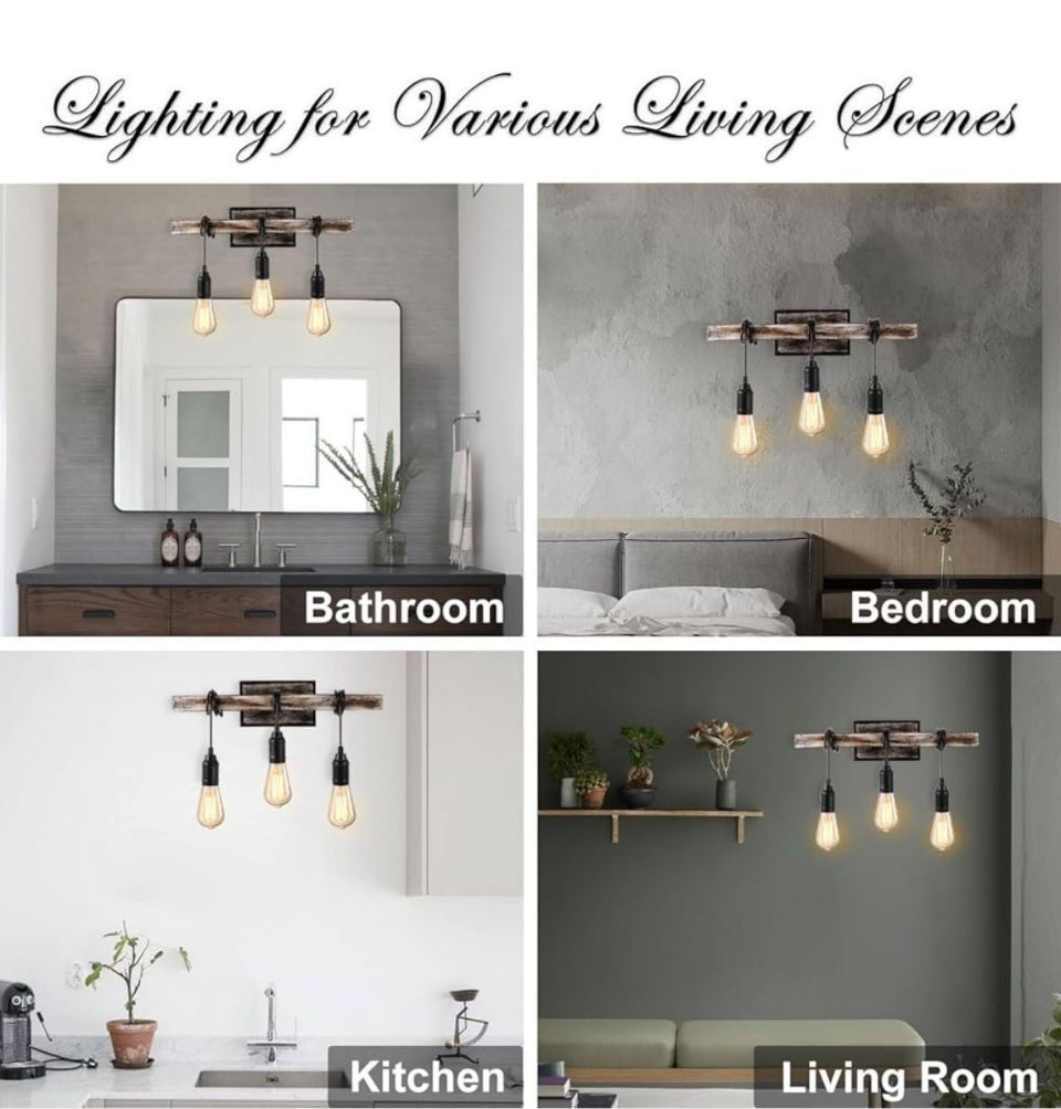 LMSOD 3 Lights Vintage Wall Sconce, Farmhouse Industrial Bare Bulb Wire Wrapped Wood Beam Linear Bathroom Vanity Light