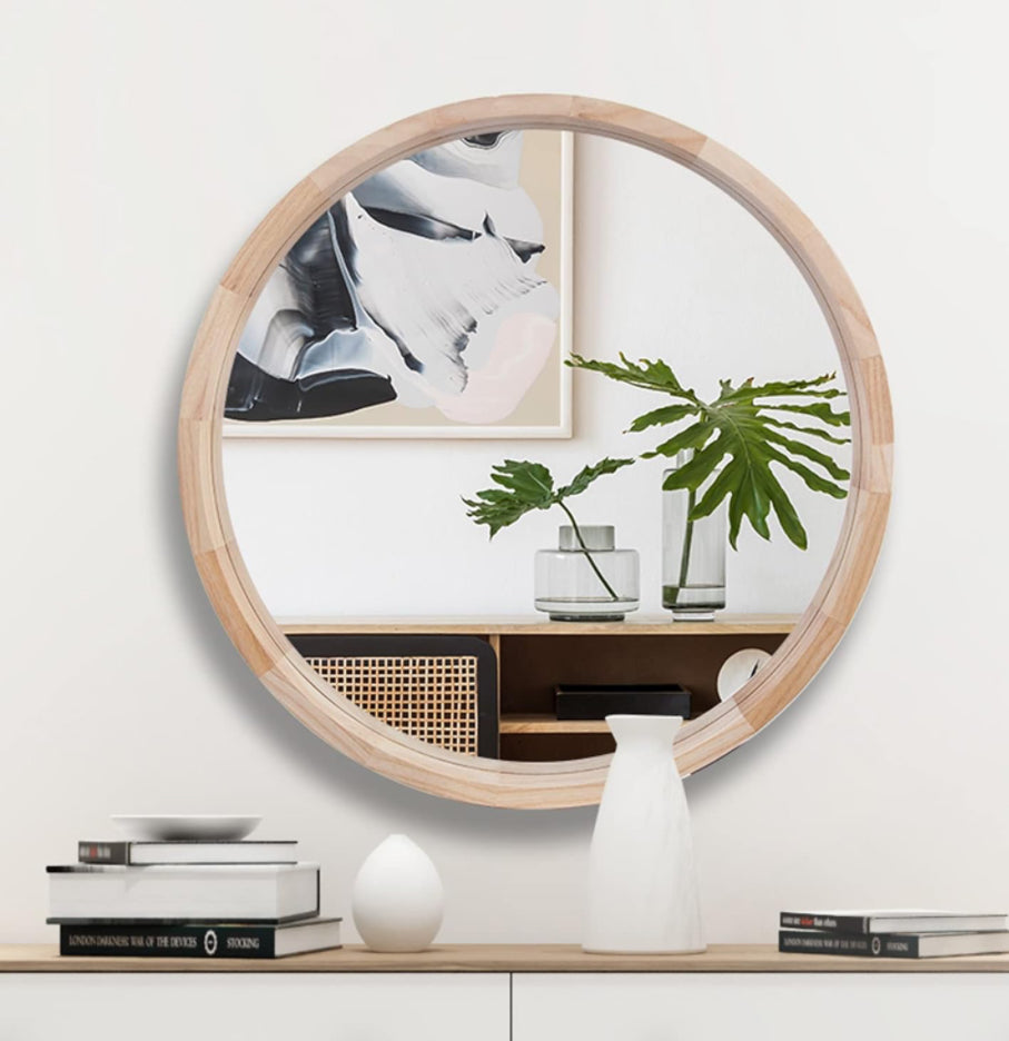 CONGUILIAO Round Mirror, 30 Inches Wood Mirror, Wall Mirror Decorative Circle Mirror, Nature Big Bathroom Large Vanity Mirror Farmhouse Mirror for Liv - Selzalot