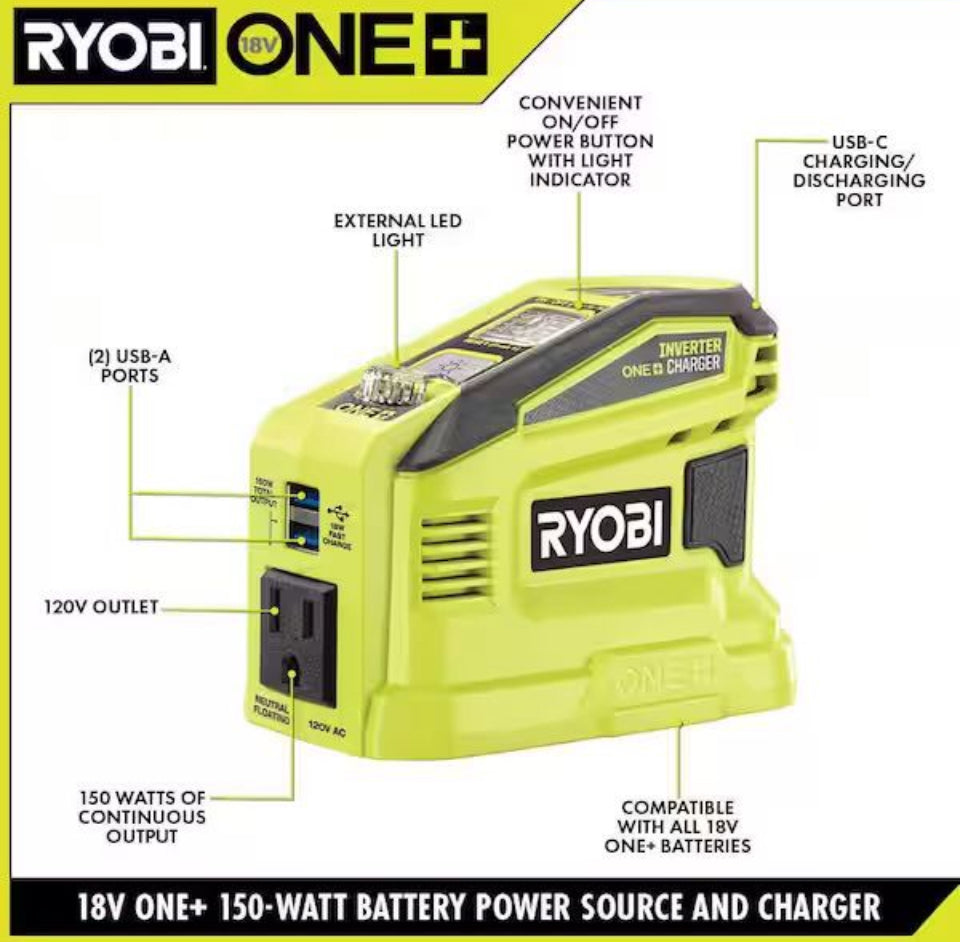 Open Box New RYOBI 18V ONE+ 150-Watt Portable Battery Inverter Power Source and Charger