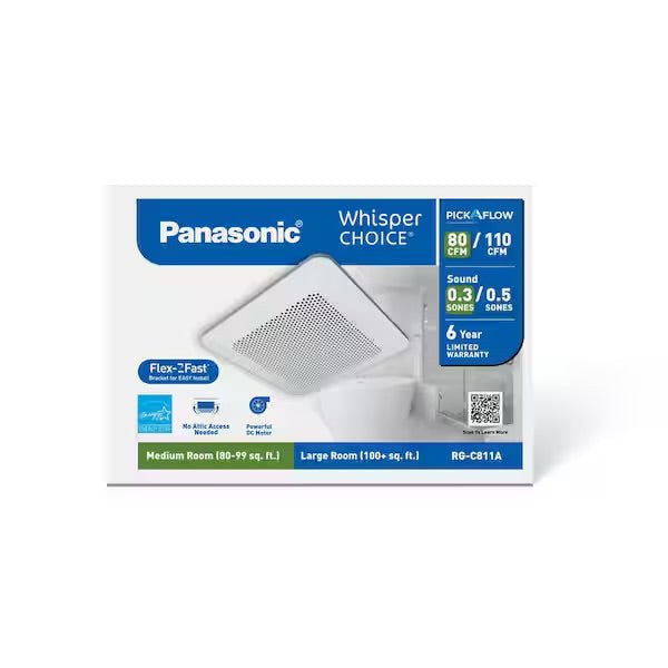 Open Box PANASONIC Whisper Choice DC Pick-A-Flow 80/110 CFM Ceiling Bathroom Exhaust Fan with Flex-Z Fast Bracket