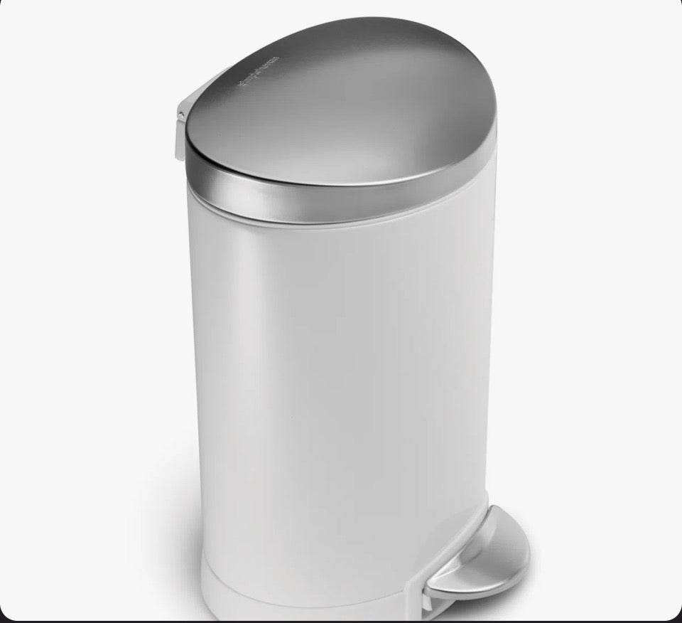 Simplehuman 6 Liter white steel semi-round bathroom step trash can with silent close lid and removable inner bucket