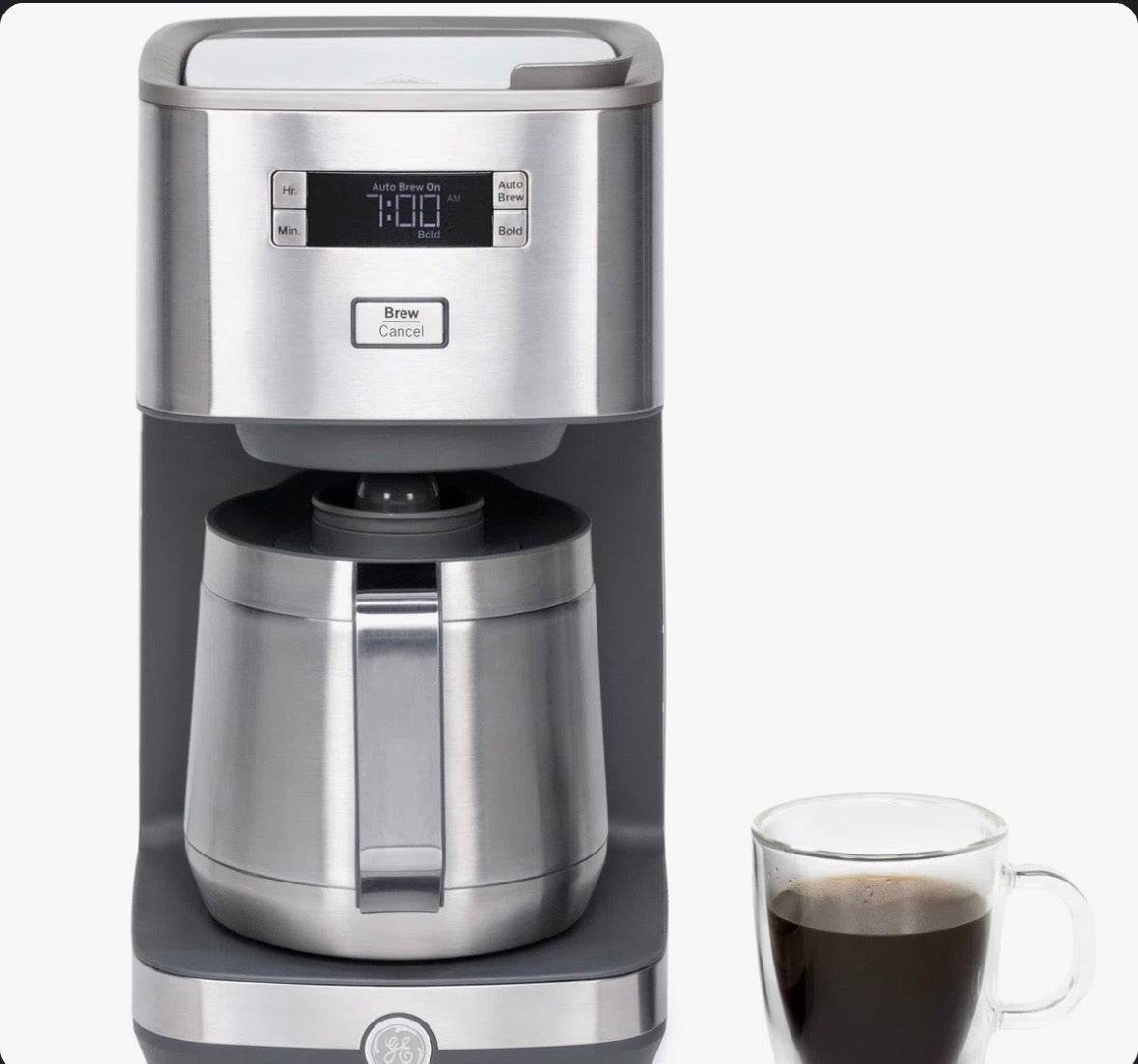 GE Drip Coffee Maker G7CDABSSTSS with thermal carafe and programmable 24-hour delay brew function