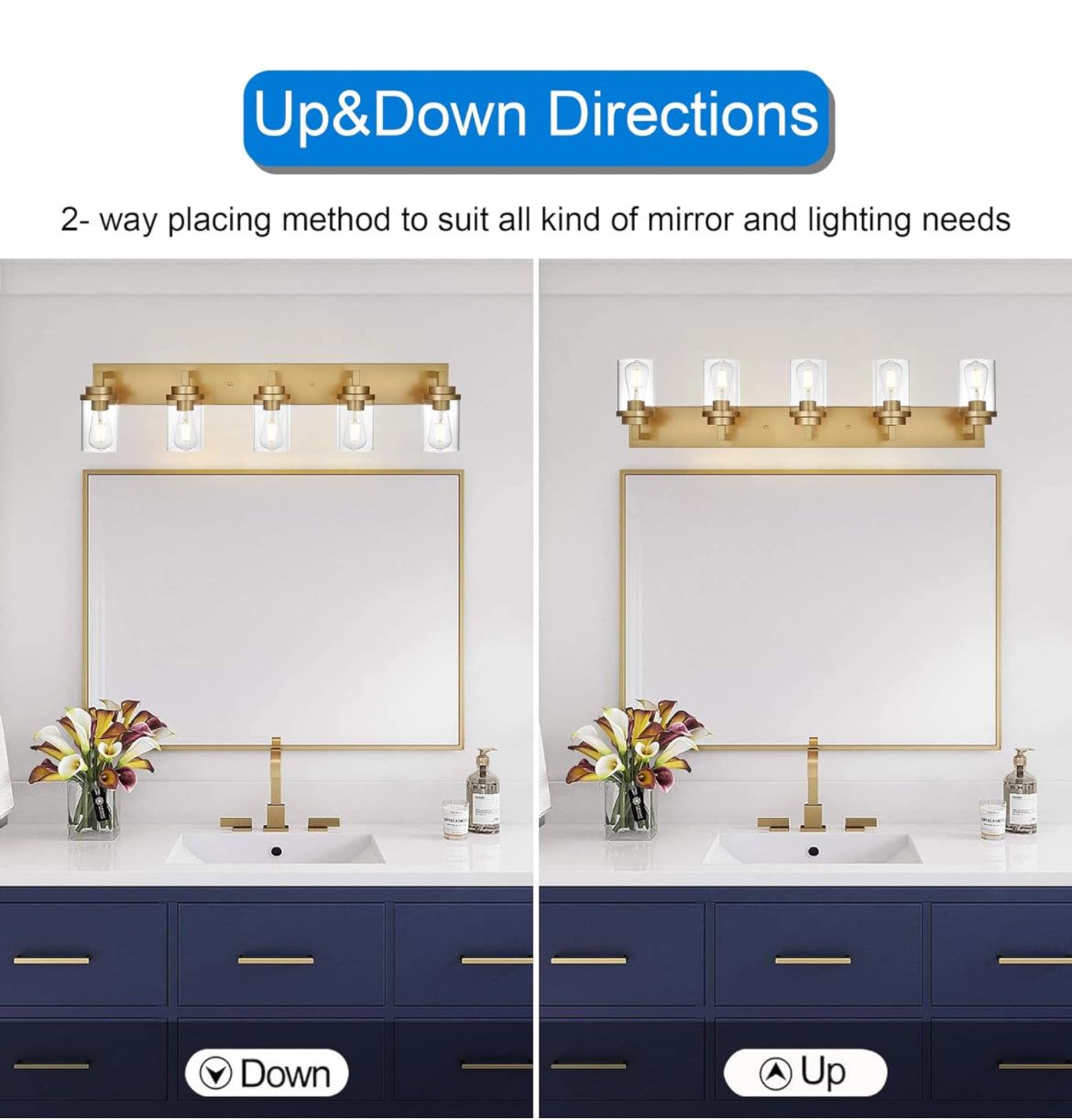 MELUCEE Gold Vanity Lights for Bathroom 40 Inches Length, 5-Light Bathroom Lighting Fixtures Over Mirror Wall Mount Lamp with Clear Glass Shade for Vanity Table/Over Sink/Kitchen - Selzalot