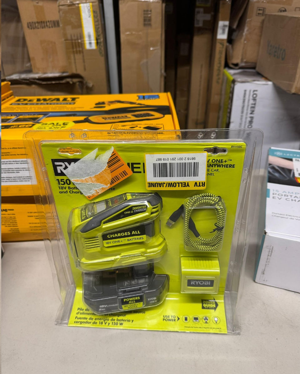 Open Box New RYOBI 18V ONE+ 150-Watt Portable Battery Inverter Power Source and Charger