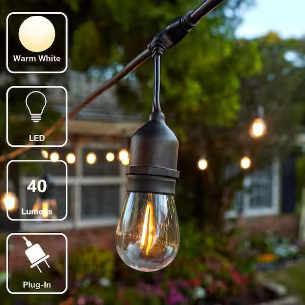 Open Box Hampton Bay 24-Light 48 ft. Plug-in Indoor/Outdoor Edison Patio String Light with S14 Single Filament LED Bulbs