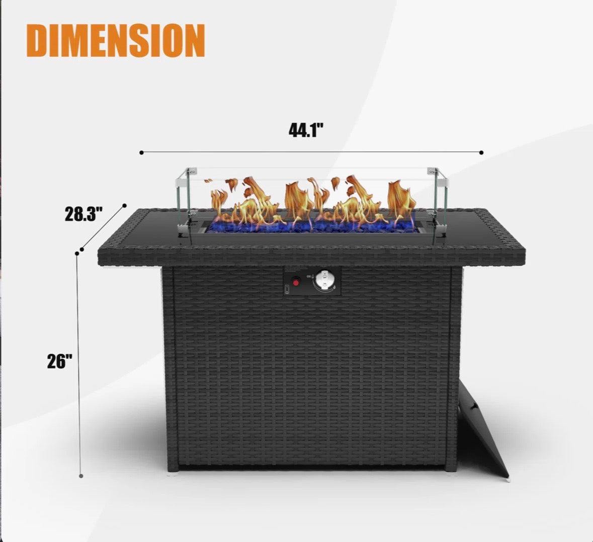 LayinSun Alturas 44"Propane Gas Fire Pit Table, 55000 Btu Rectangular Fire Pit With Glass Wind Guard For Outside Patio Deck Garden Backyard