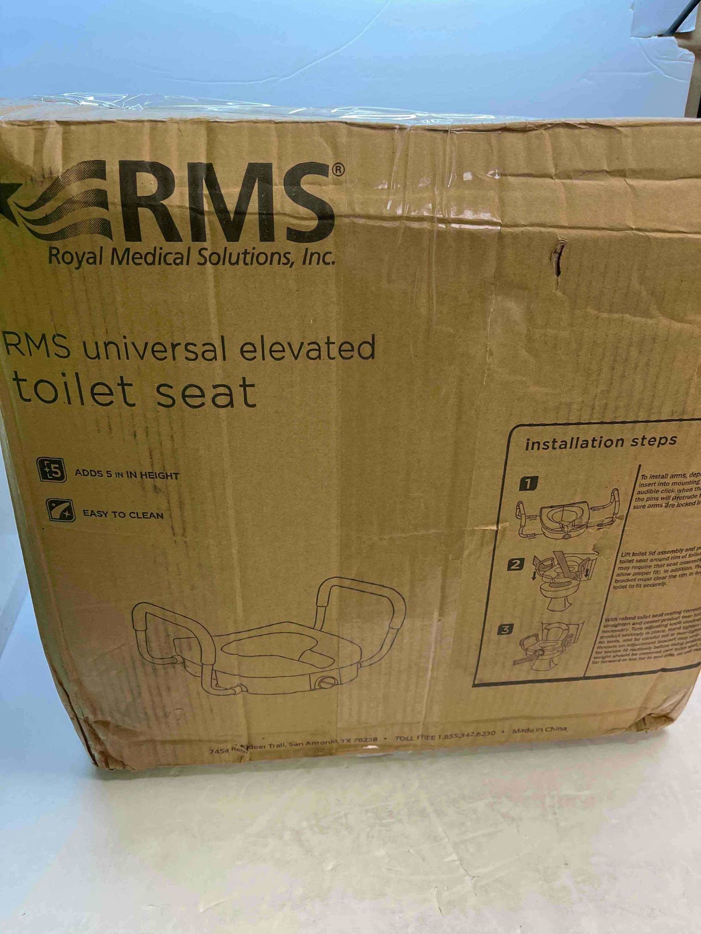 RMS Raised Toilet Seat - 5 Inch Elevated Riser with Adjustable Padded Arms - Toilet Safety Seat for Elongated or Standard Commode - Selzalot
