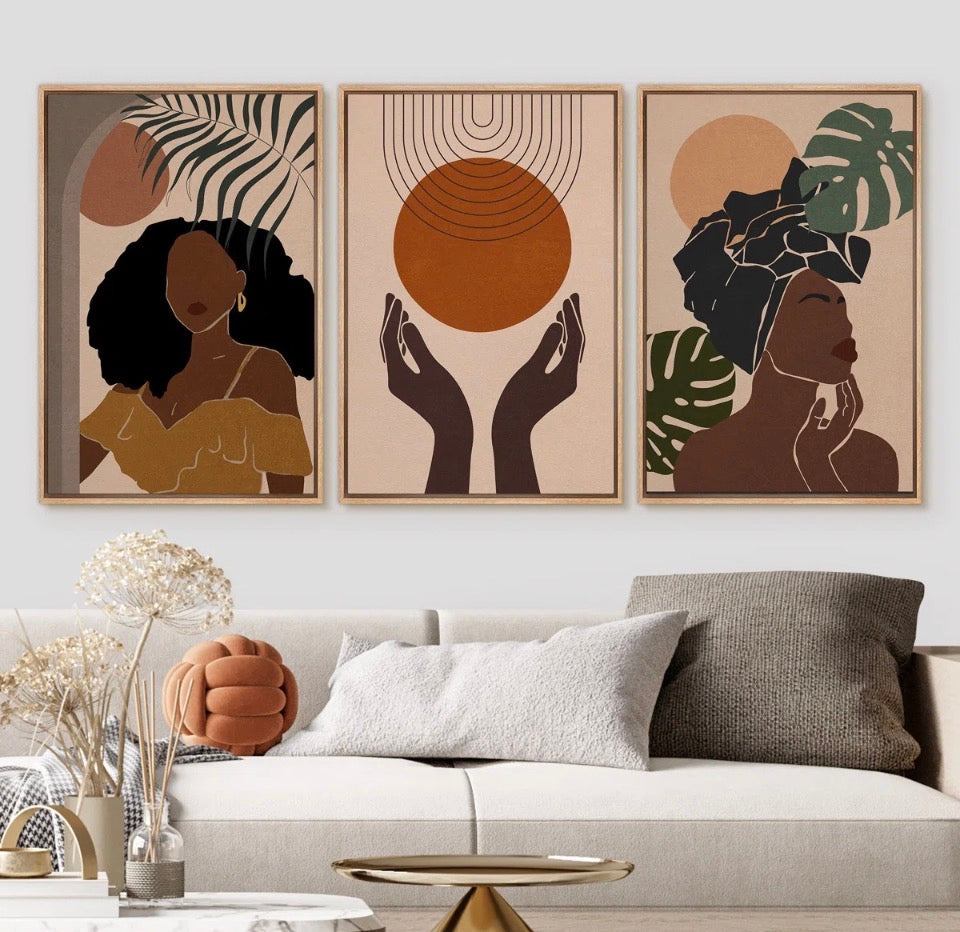Mid Century Modern three-piece boho abstract art featuring African American female portraits with jungle plant motifs above a modern sofa