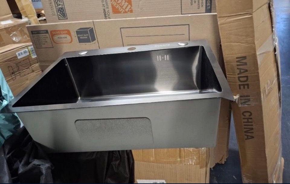 Open Box New Ownsig 23.6 inch Stainless Steel Laundry Sink with Cabinet and Pull-Out Faucet, Free Standing Utility Sink with Draining Basket