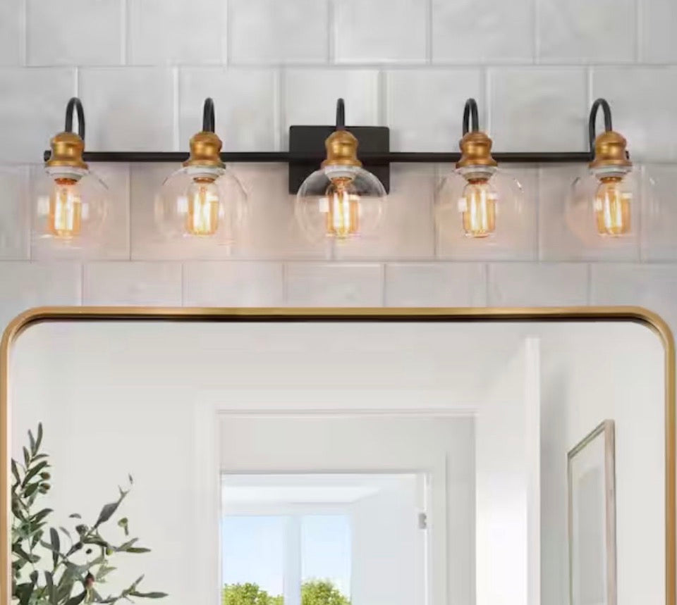 OPEN BOX NEW LNC Modern 35.5 in. 5-Light Aged Brass Vanity Light with Black Linear Frame and Clear Glass Globes
