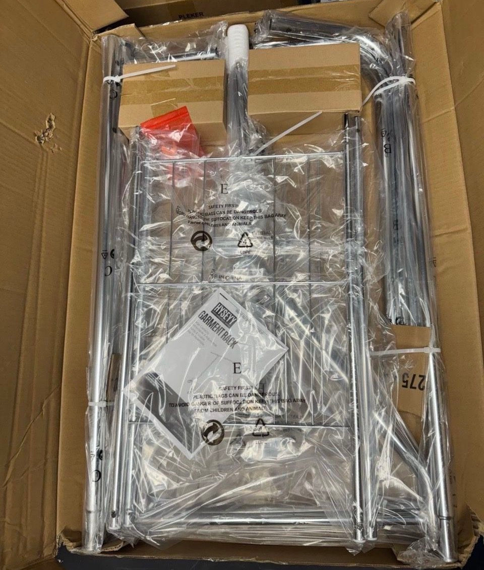 Open Box HYSEYY Heavy Duty Clothes Rack Load 450 LBS, Metal Garment Rack, Standing Rolling Clothing Rack for Hanging Clothes with Sturdy Wheels & Shel