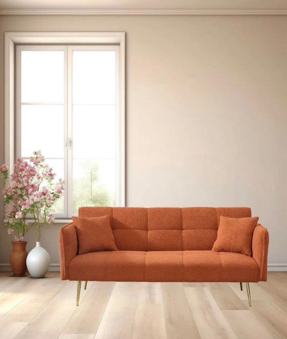 70-inch orange teddy fleece sofabed with adjustable arms and backrest in modern living room setting