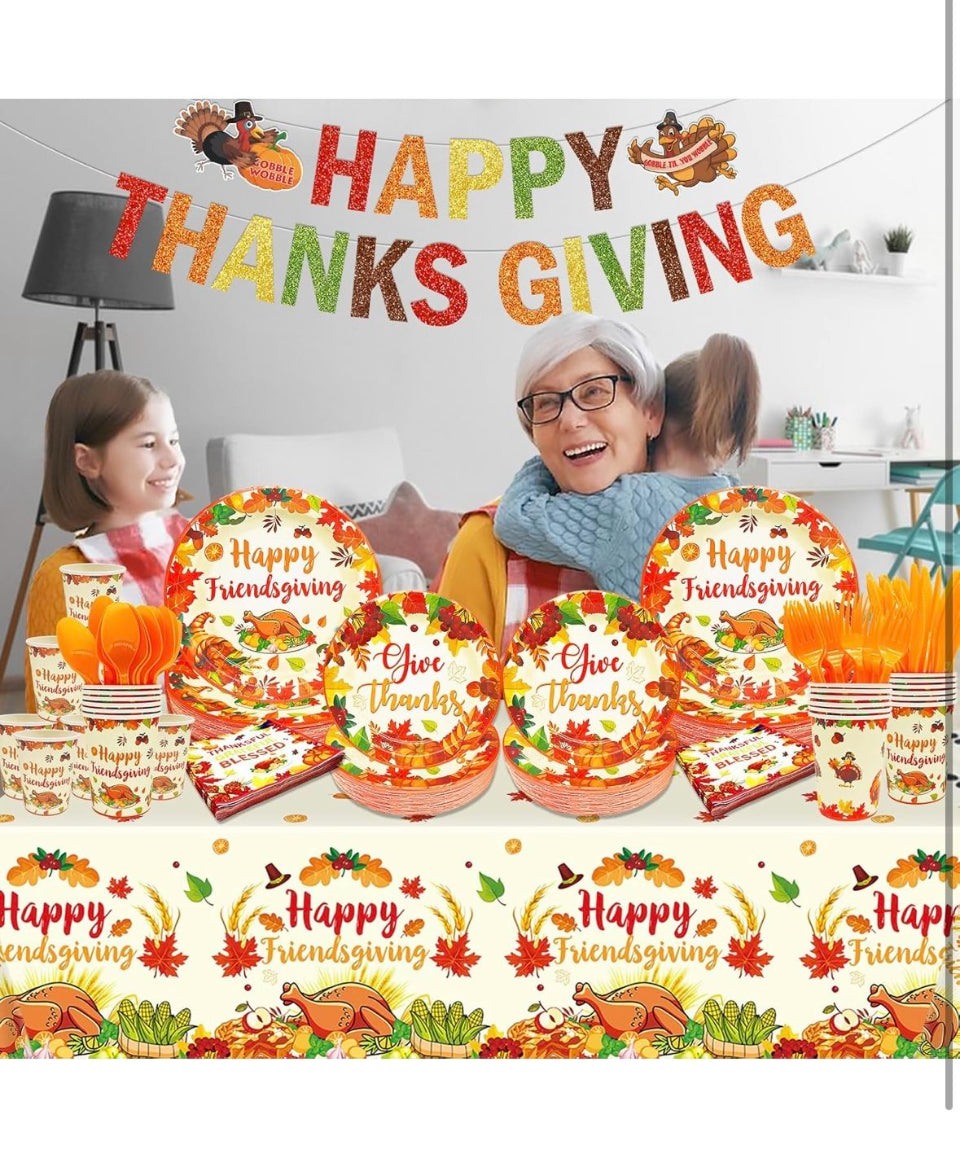 Open Box New Xcvwz 189Pcs Thanksgiving Party Supplies - Plates, Napkins, and Happy Friendsgiving Banner for Decorations