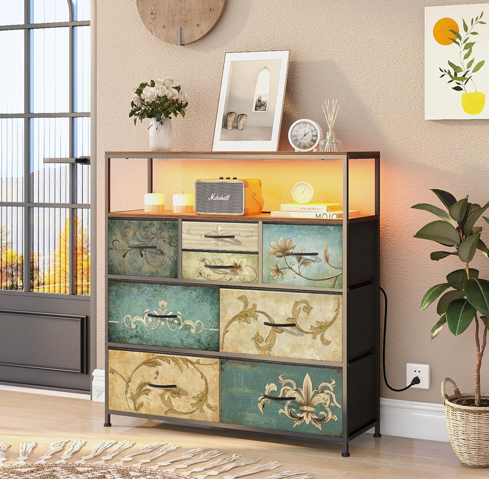 Open Box Sealed Tohomeor TV Stand with Power Oulet Dresser with Charging Station & LED Light Dresser with 8 Fabric Drawers for Living Room Storage Che