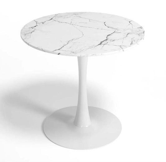 Wade Logan Amelia-Lillie round pedestal dining table with marble top and white metal base