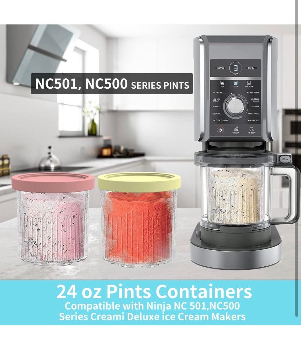 Open Box New YUSFJK Replacement for Ninja Creami Pints and Lids, 4 Pack NC501, Compatible with Ninja NC501 NC500 Series Creami Deluxe ice Cream Makers