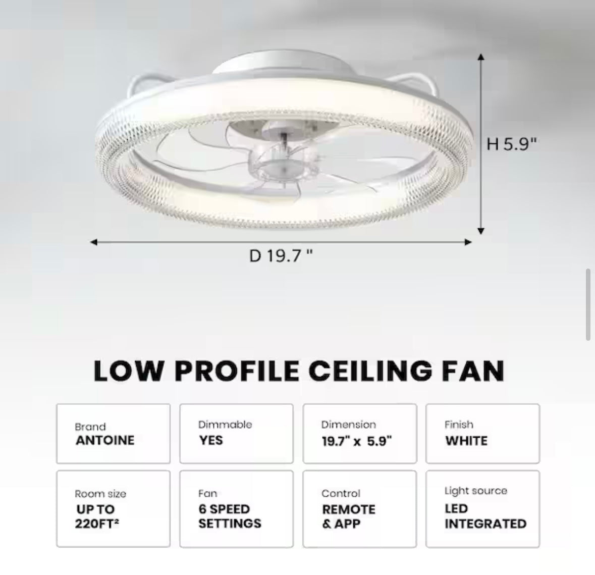 ANTOINE 20 in. LED Indoor White Low Profile Ceiling Fan with Dimmable Lighting Small Flush Mount Ceiling Fan with Remote