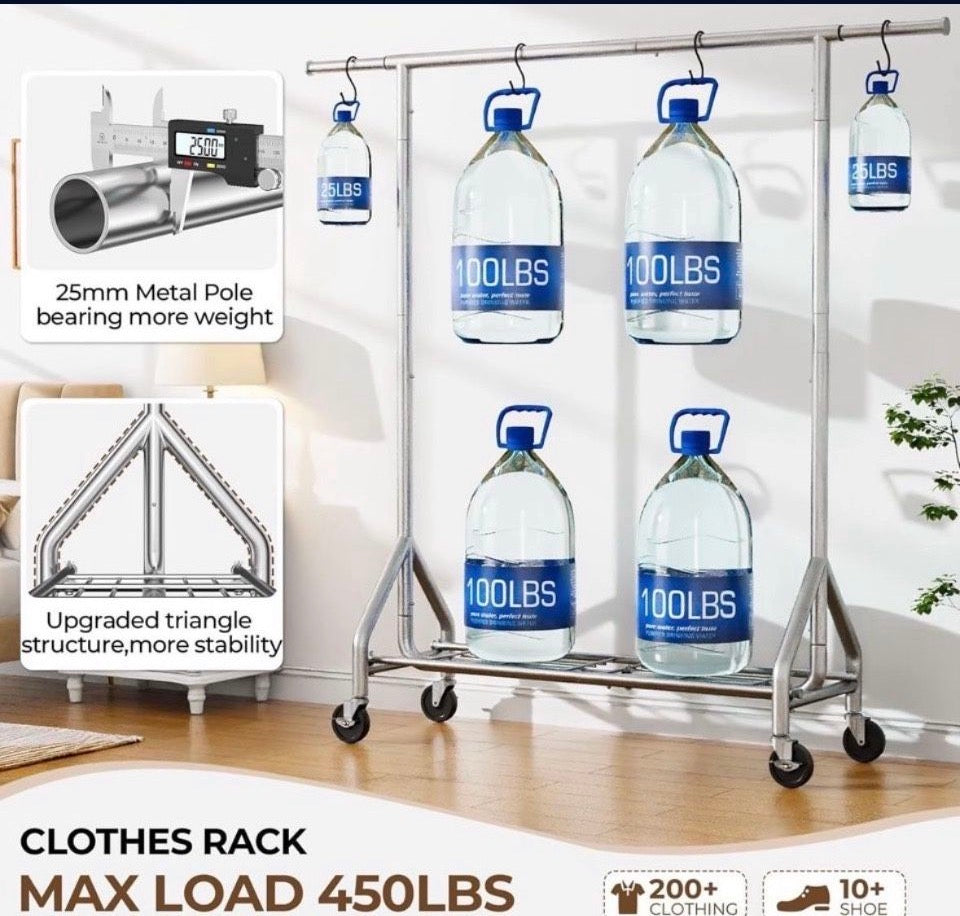 Open Box HYSEYY Heavy Duty Clothes Rack Load 450 LBS, Metal Garment Rack, Standing Rolling Clothing Rack for Hanging Clothes with Sturdy Wheels & Shel