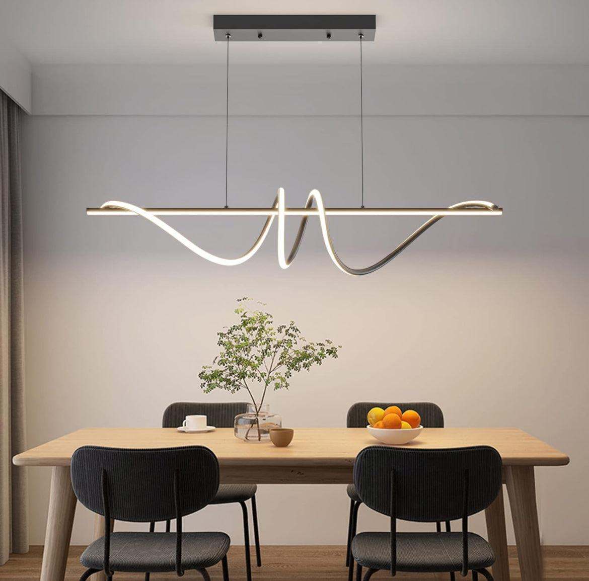 Modern LED pendant light with remote control, dimmable, 47-inch, suitable for various home styles.