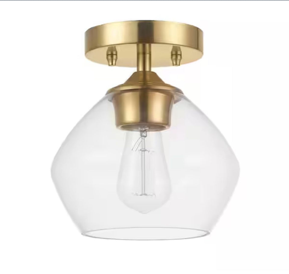 OPEN BOX NEW Globe Electric Harrow 8 in. 1-Light Matte Brass Semi-Flush Mount Ceiling Light with Clear Glass Shade