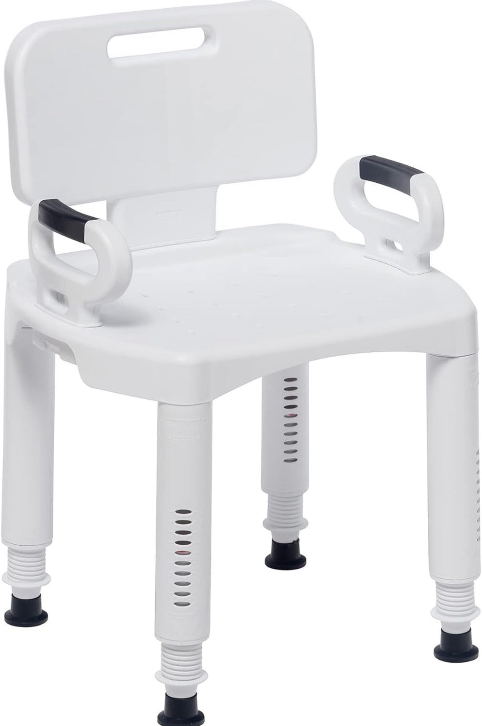 Drive Medical RTL12505 adjustable white shower chair with backrest and armrests for elderly and disabled users