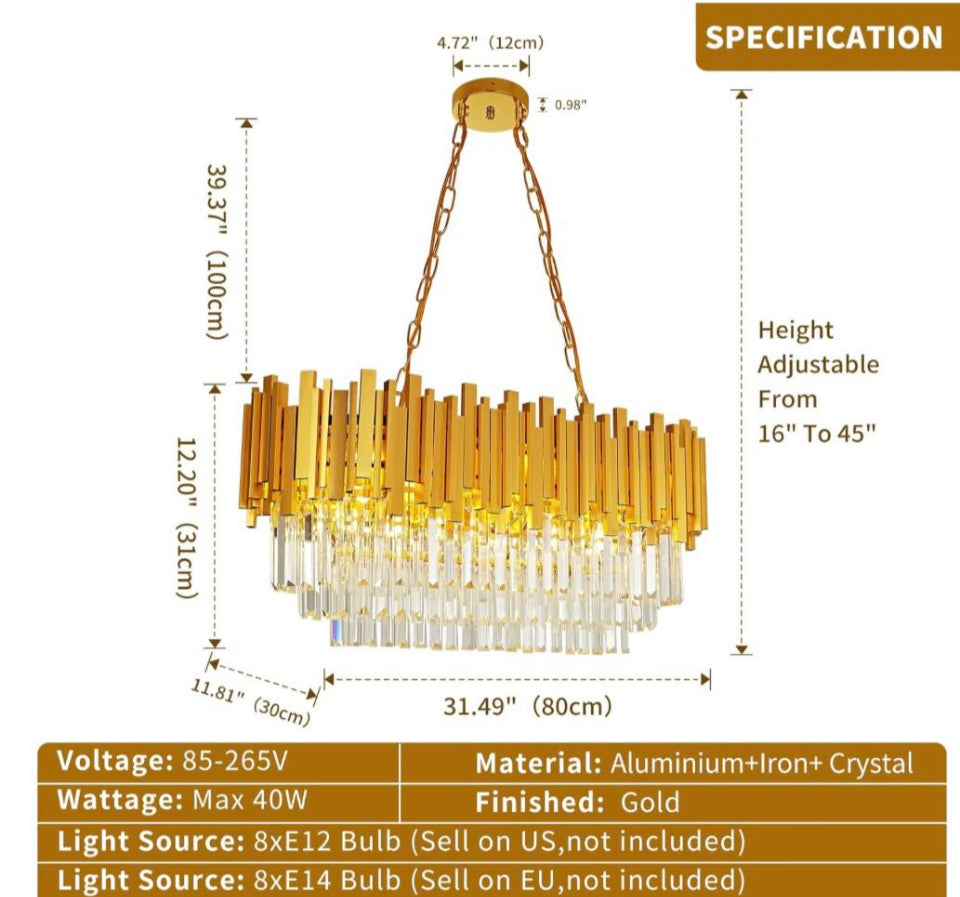 AOOCOW Modern Crystal Chandelier Luxury Gold Chandelier Lights Contemporary Oval Crystal Kitchen Island Chandelier Large Raindrop Pendant Light Fixture - Selzalot