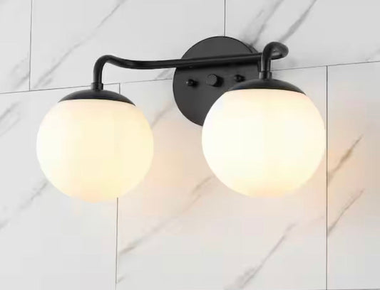 JONATHAN Y Louis Parisian Globe 15 in. 2-Light Black Metal LED Vanity Light with Frosted Glass Globes
